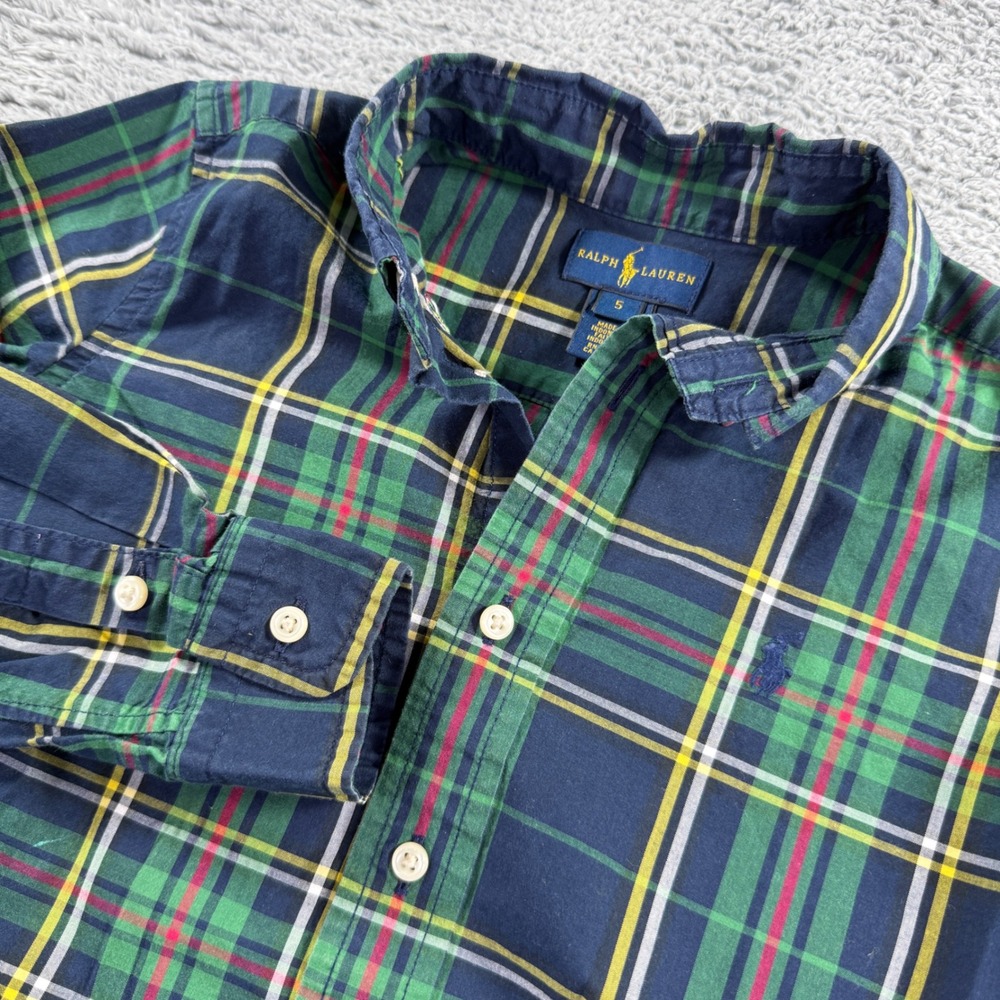 Ralph Lauren Plaid Button Down Shirt Kids Size 5 Green Tartan Excellent Preppy